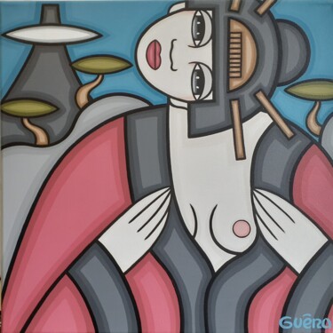 Painting titled "Geisha et mont Fuji" by Guena, Original Artwork, Acrylic Mounted on Wood Stretcher frame