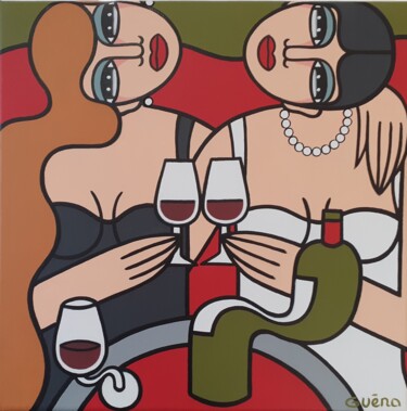 Painting titled "Deux femmes Bordeaux" by Guena, Original Artwork, Acrylic Mounted on Wood Stretcher frame