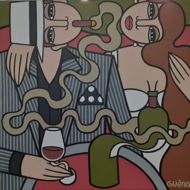 Painting titled "Bordeaux et Panama" by Guena, Original Artwork, Acrylic Mounted on Wood Stretcher frame