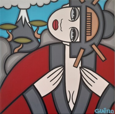 Painting titled "Eruption du mont Fu…" by Guena, Original Artwork, Acrylic Mounted on Wood Stretcher frame