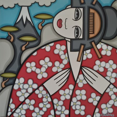 Painting titled "Kimono fleuri et mo…" by Guena, Original Artwork, Acrylic Mounted on Wood Stretcher frame