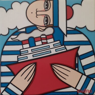 Schilderij getiteld "Marin au bateau rou…" door Guena, Origineel Kunstwerk, Acryl Gemonteerd op Frame voor houten brancard