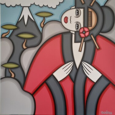 Painting titled "La geisha et le mon…" by Guena, Original Artwork, Acrylic Mounted on Wood Stretcher frame