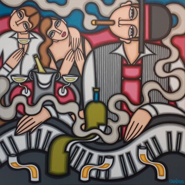 Painting titled "Le piano-bar" by Guena, Original Artwork, Acrylic Mounted on Wood Stretcher frame