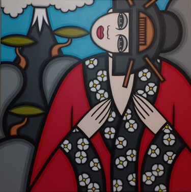 Malerei mit dem Titel "Le kimono fleuri et…" von Guena, Original-Kunstwerk, Acryl Auf Keilrahmen aus Holz montiert