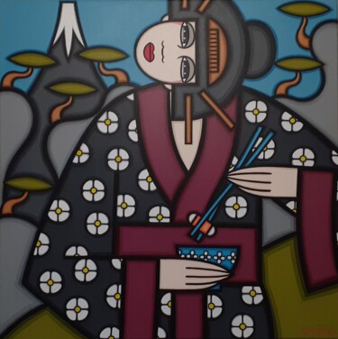 Malerei mit dem Titel "Geisha,kimono et mo…" von Guena, Original-Kunstwerk, Acryl Auf Keilrahmen aus Holz montiert
