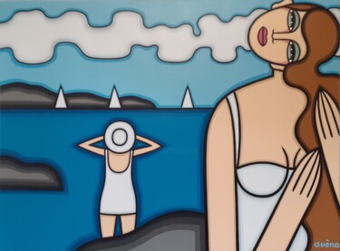 Painting titled "VOILIERS BORD DE MER" by Guena, Original Artwork, Acrylic Mounted on Wood Stretcher frame