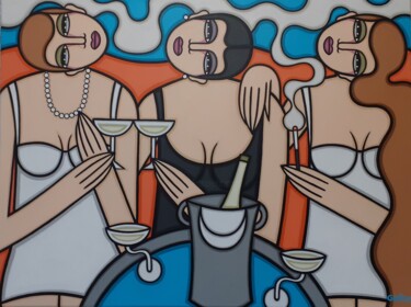 Painting titled "CHAMPAGNE GIRLS" by Guena, Original Artwork, Acrylic Mounted on Wood Stretcher frame