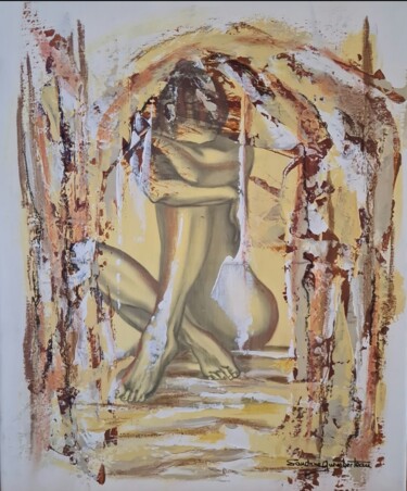 Painting titled "Pensive" by Sandrine Guimberteau, Original Artwork, Acrylic Mounted on Wood Stretcher frame