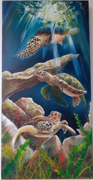 Peinture intitulée "La danse des tortues" par Sandrine Lamotte, Œuvre d'art originale, Huile