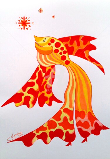 Drawing titled "Red Carpet Fish" by Sandrine Langlade, Original Artwork, Ink
