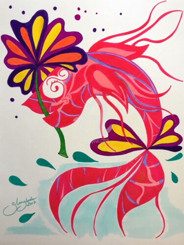 Dessin intitulée "Le poisson fleuri" par Sandrine Langlade, Œuvre d'art originale, Encre