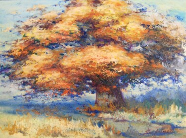 Painting titled "Paysage Arbre Orange" by Sandrine Lefebvre, Original Artwork, Oil Mounted on Wood Stretcher frame