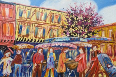 Pittura intitolato "Marché Ville Mirepo…" da Sandrine Lefebvre, Opera d'arte originale, Olio Montato su Telaio per barella i…