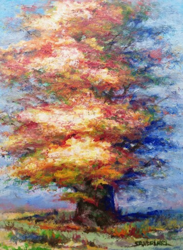 Painting titled "Arbre Terre Abondan…" by Sandrine Lefebvre, Original Artwork, Oil Mounted on Wood Stretcher frame