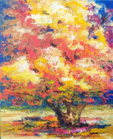Painting titled "Arbre Couleurs Chau…" by Sandrine Lefebvre, Original Artwork, Oil Mounted on Wood Stretcher frame