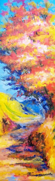 Painting titled "Arbre Chemin Soleil" by Sandrine Lefebvre, Original Artwork, Oil Mounted on Wood Stretcher frame