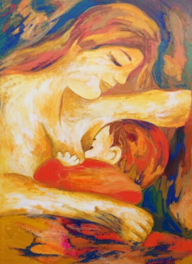 Malarstwo zatytułowany „Mère Enfant Nativité” autorstwa Sandrine Lefebvre, Oryginalna praca, Olej Zamontowany na Drewniana r…