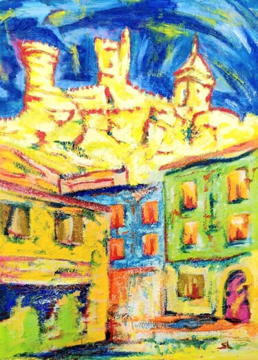 Pittura intitolato "Château de Foix Ari…" da Sandrine Lefebvre, Opera d'arte originale, Olio Montato su Telaio per barella i…