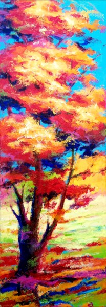 Painting titled "Grand Arbre Rouge" by Sandrine Lefebvre, Original Artwork, Acrylic Mounted on Wood Stretcher frame