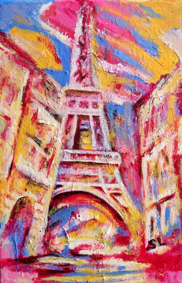 Painting titled "Paris tour Eiffel" by Sandrine Lefebvre, Original Artwork, Acrylic Mounted on Wood Stretcher frame