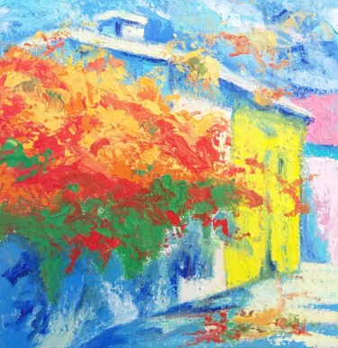Pittura intitolato "Fleur orange Maison…" da Sandrine Lefebvre, Opera d'arte originale, Olio Montato su Telaio per barella i…