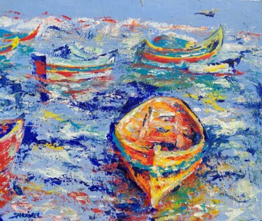 Painting titled "Bateaux colorés Mal…" by Sandrine Lefebvre, Original Artwork, Acrylic Mounted on Wood Stretcher frame