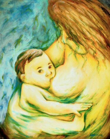 Pintura intitulada "Maman Bébé Allaitem…" por Sandrine Lefebvre, Obras de arte originais, Óleo Montado em Armação em madeira