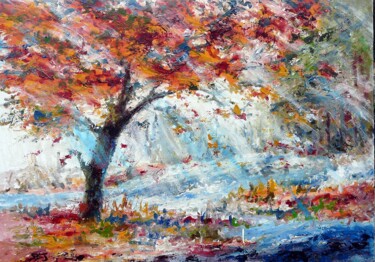 Pittura intitolato "Forêt automne Arbre" da Sandrine Lefebvre, Opera d'arte originale, Olio Montato su Telaio per barella in…