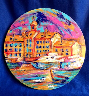 Painting titled "Port Saint Tropez,…" by Sandrine Lefebvre, Original Artwork, Acrylic Mounted on Wood Stretcher frame