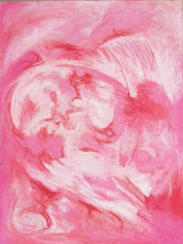 Ζωγραφική με τίτλο "Abstrait Coeur Rose" από Sandrine Lefebvre, Αυθεντικά έργα τέχνης, Παστέλ
