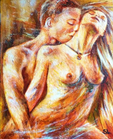 Painting titled "Couple Nu Amoureux" by Sandrine Lefebvre, Original Artwork, Acrylic Mounted on Wood Stretcher frame