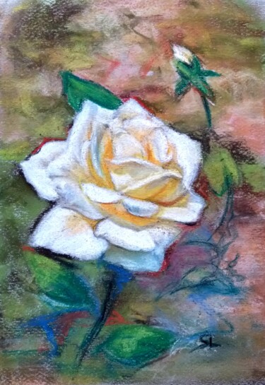 Peinture intitulée "Rose Blanche Fleur" par Sandrine Lefebvre, Œuvre d'art originale, Pastel