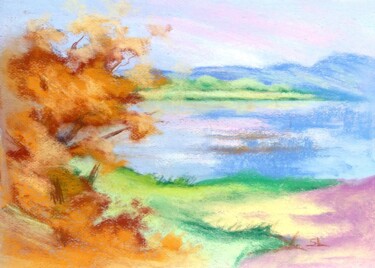 Malerei mit dem Titel "Brume sur le lac de…" von Sandrine Lefebvre, Original-Kunstwerk, Pastell