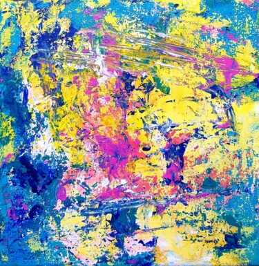 Картина под названием "Abstrait Bleu Jaune" - Sandrine Lefebvre, Подлинное произведение искусства, Акрил Установлен на Дерев…