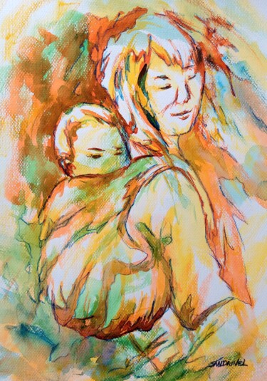 Schilderij getiteld "Portage Mère Enfant" door Sandrine Lefebvre, Origineel Kunstwerk, Aquarel