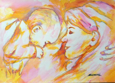 Pintura titulada "Câlin Maman Bébé Al…" por Sandrine Lefebvre, Obra de arte original, Acuarela