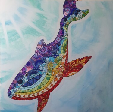 Painting titled "Baleine" by Sandrine Loiseau, Original Artwork, Acrylic Mounted on Wood Stretcher frame