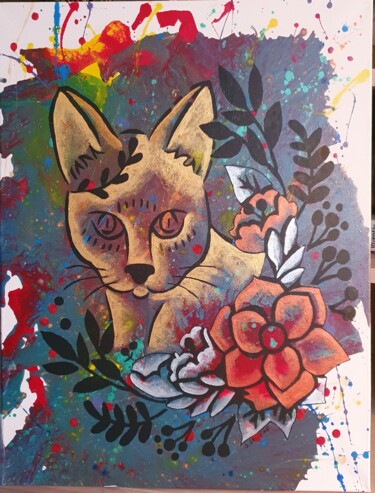 Painting titled "Chat d'Or" by Sandrine Loiseau, Original Artwork, Acrylic Mounted on Wood Stretcher frame