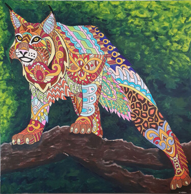 Painting titled "Lynx" by Sandrine Loiseau, Original Artwork, Acrylic Mounted on Wood Stretcher frame