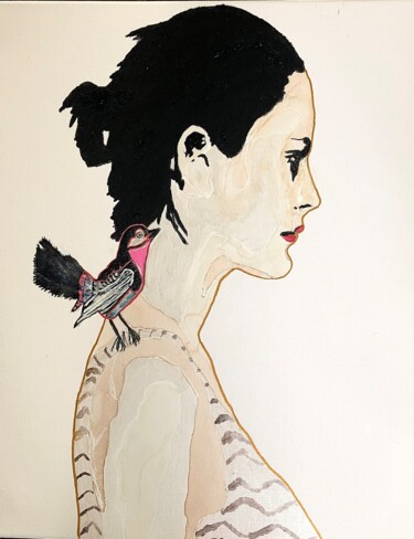 Schilderij getiteld "La femme et l’oiseau" door Sandrine M-, Origineel Kunstwerk, Acryl