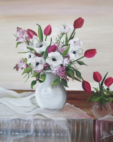 Peinture intitulée "Anémones, lilas et…" par Sandrine Pion, Œuvre d'art originale
