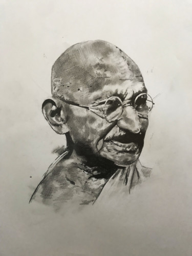 Drawing titled "Gandhi" by Sandrine Royer, Original Artwork, Graphite Mounted on Glass