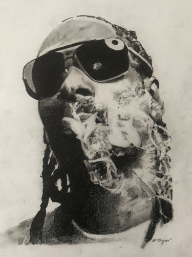 Tekening getiteld "Snoop Dog" door Sandrine Royer, Origineel Kunstwerk, Grafiet Gemonteerd op Glas