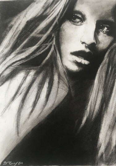 Drawing titled "Portrait n°3" by Sandrine Royer, Original Artwork, Charcoal Mounted on Glass