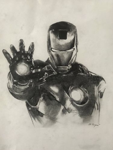 Tekening getiteld "Iron man" door Sandrine Royer, Origineel Kunstwerk, Grafiet Gemonteerd op Glas