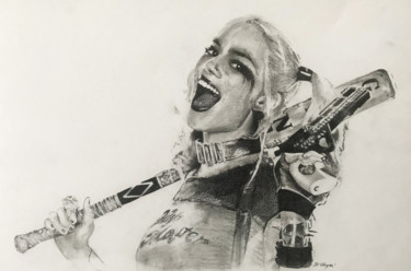 Drawing titled "Harley Quinn" by Sandrine Royer, Original Artwork, Graphite Mounted on Glass