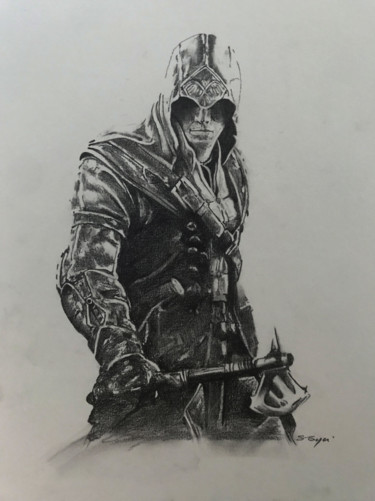 Drawing titled "Assassin's Creed" by Sandrine Royer, Original Artwork, Graphite Mounted on Glass