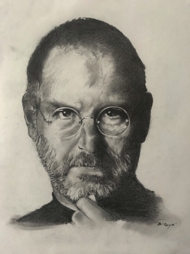 Zeichnungen mit dem Titel "Steve Jobs" von Sandrine Royer, Original-Kunstwerk, Graphit Auf Glas montiert