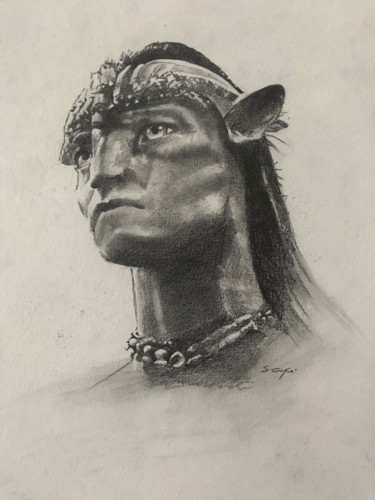 Drawing titled "Avatar" by Sandrine Royer, Original Artwork, Graphite Mounted on Glass